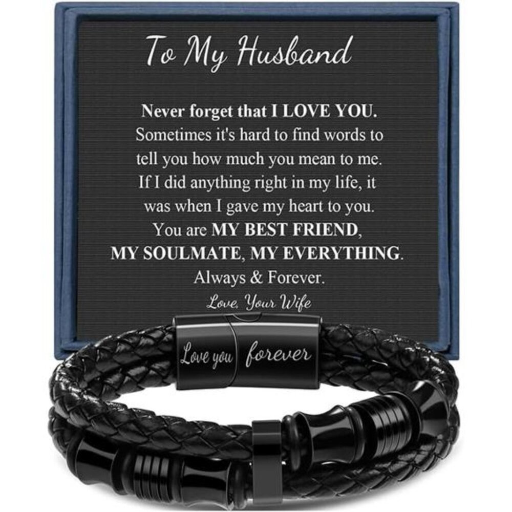 Mens Leather Bracelet Double Row Braided Cuff Bracelet Gifts for Husband Men